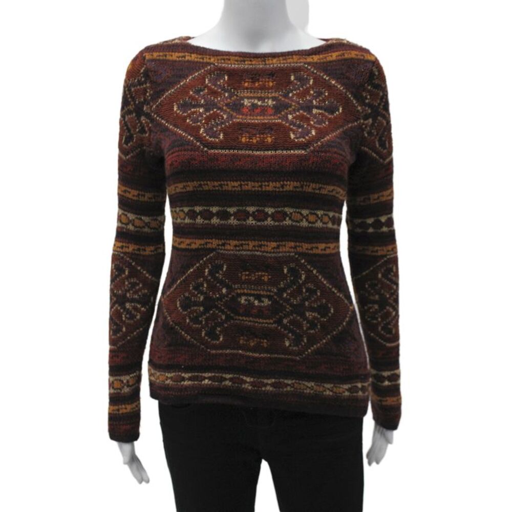 Lauren Ralph Lauren Women Pullover Multi Geo Boatneck Longsleeve Boho Size PXS